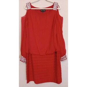 Betsy Adam Red Embellished Strap Sleeve Cold Shoulder Drop Waist‎ Dress Size 14W